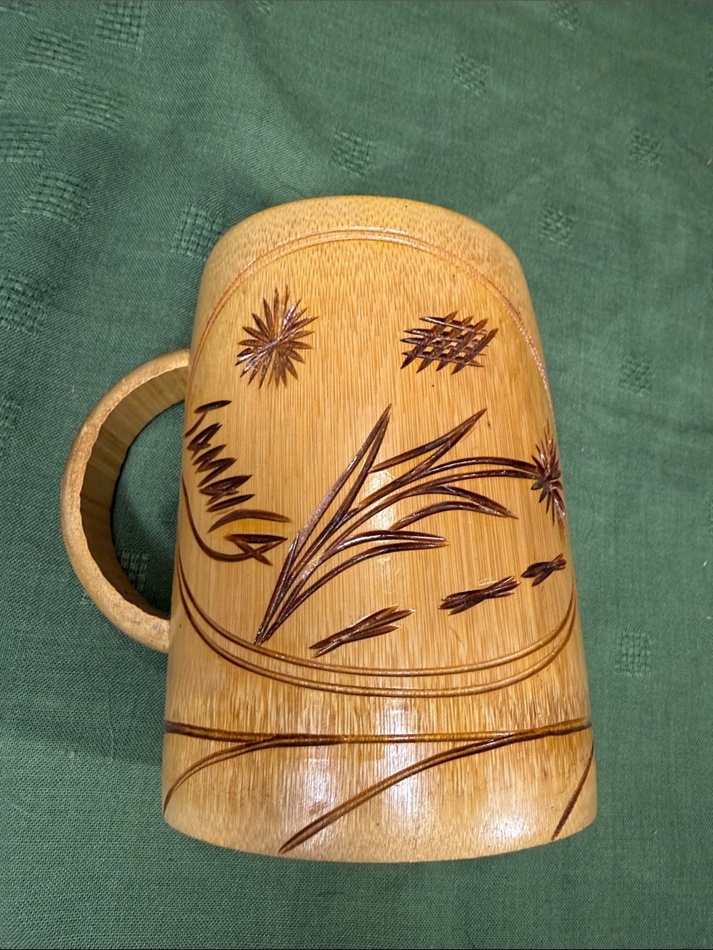 Hand-Carved Bamboo Mug with Floral Etching - Natural Tan Tiki Vibe